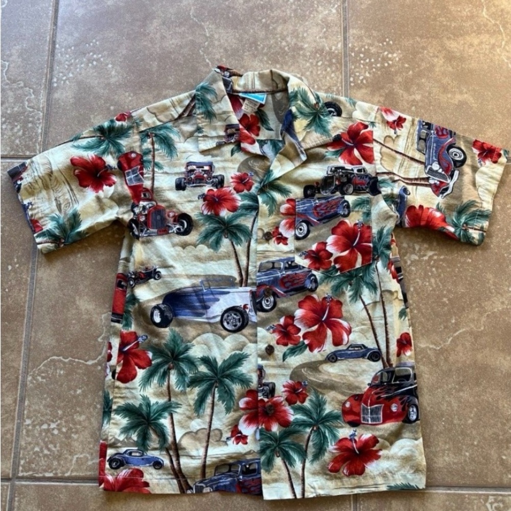Boy’s Tropical Muscle Car Hawaiian Button-Down Shirt Size 12, 100% cotton